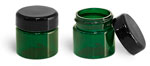 PET Plastic Jars, Green Straight Sided Jars w/ Lined Black Dome Caps