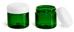 PET Plastic Jars, Green Straight Sided Jars w/ Lined White Dome Caps