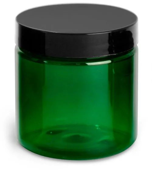 2 oz Green PET Straight Sided Jars w/ Black Smooth Plastic Lined Caps
