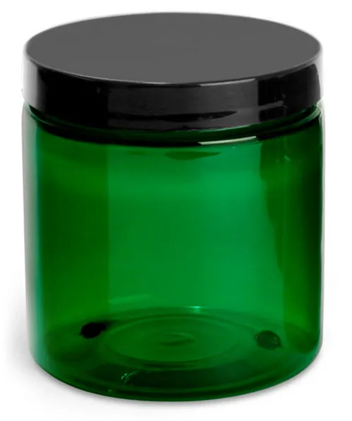 8 oz Green PET Jars w/ Black Smooth Lined Caps
