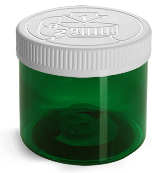 Plastic Jars, Green PET Straight Sided Jars w/ White Child Resistant Caps 