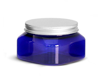PET Plastic Jars, Blue Square Jars w/ Aluminum Lined Caps
