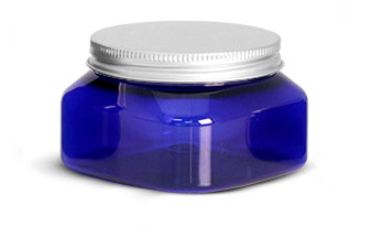 Plastic Jars, Blue PET Square Jars w/ Aluminum Lined Caps