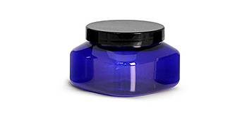 Plastic Jars, Blue PET Square Jars w/ Black Smooth Plastic Lined Caps