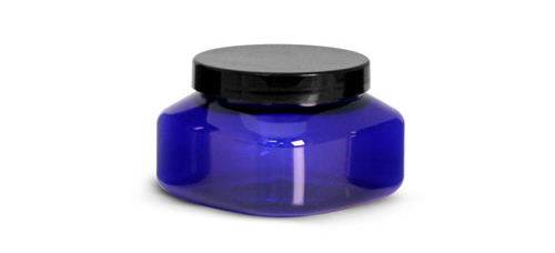 Plastic Jars, Blue PET Square Jars w/ Black Smooth Plastic Lined Caps
