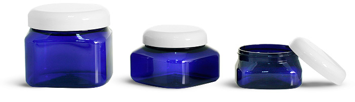Blue PET Square Jars w/ White Smooth Dome Lined Caps