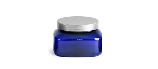 Plastic Jars, Blue PET Square Jars w/ Silver Smooth Plastic Lined Caps