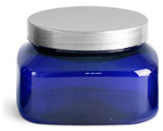 Blue PET Square Jars w/ Silver Smooth Lined Caps