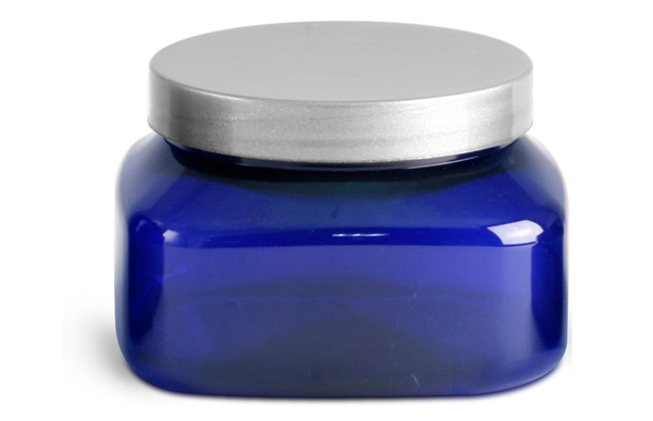 Plastic Jars, Blue PET Square Jars w/ Silver Smooth Plastic Lined Caps