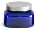 PET Plastic Jars, Blue Square Jars w/ Silver Smooth Lined Caps
