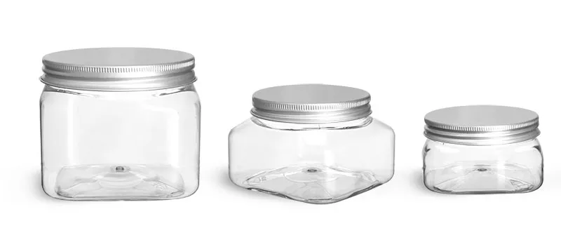 PET Plastic Jars, Clear Square Jars w/ Lined Aluminum Caps