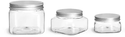 PET Plastic Jars, Clear Square Jars w/ Lined Aluminum Caps