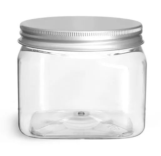 16 oz Clear PET Square Jars w/ Lined Aluminum Caps