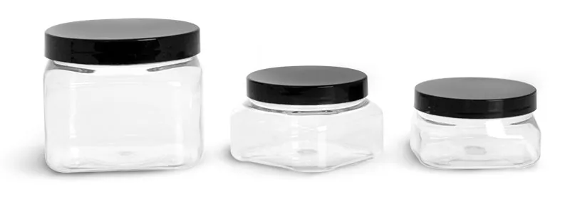 PET Plastic Jars, Clear Square Jars w/ Black Smooth PS22 Plastic Lined Caps