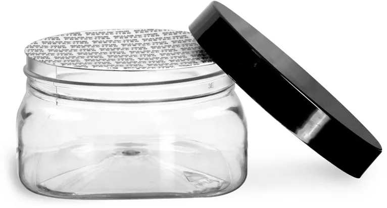 4 oz Clear PET Square Jars w/ Black Smooth PS22 Plastic Lined Caps