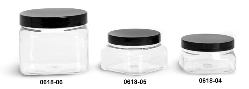 Plastic Jars, Clear PET Square Jars w/ Black Smooth PS22 Plastic Lined Caps