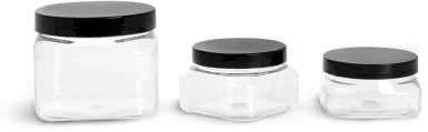 PET Plastic Jars, Clear Square Jars w/ Black Smooth PS22 Plastic Lined Caps