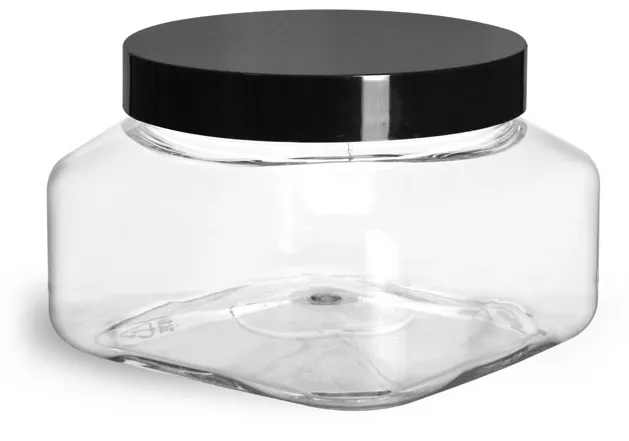 8 oz Clear PET Square Jars w/ Black Smooth PS22 Plastic Lined Caps