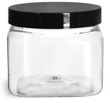 16 oz Clear PET Square Jars w/ Black Smooth PS22 Plastic Lined Caps