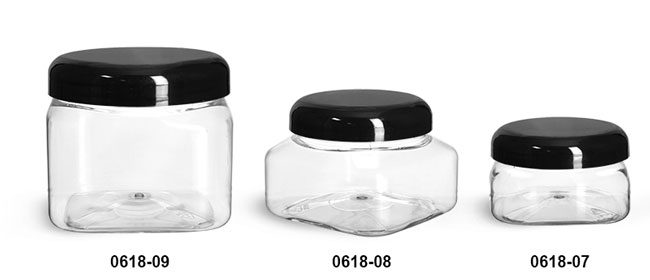 Plastic Jars, Clear PET Square Jars w/ Black Smooth Plastic Lined Dome Caps