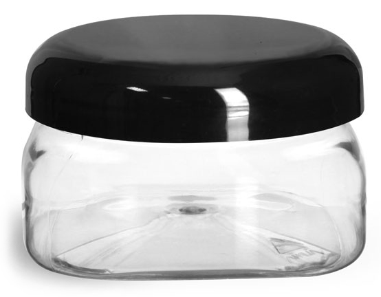 4 OZ CLEAR PET SQUARE JARS W/ BLACK SMOOTH PLASTIC LINED DOME CAPS