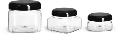 PET Plastic Jars, Clear Square Jars w/ Black Smooth Plastic Lined Dome Caps