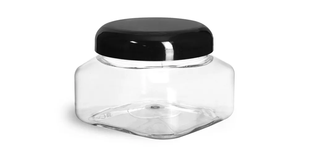 8 oz Clear PET Square Jars w/ Black Smooth Plastic Lined Dome Caps
