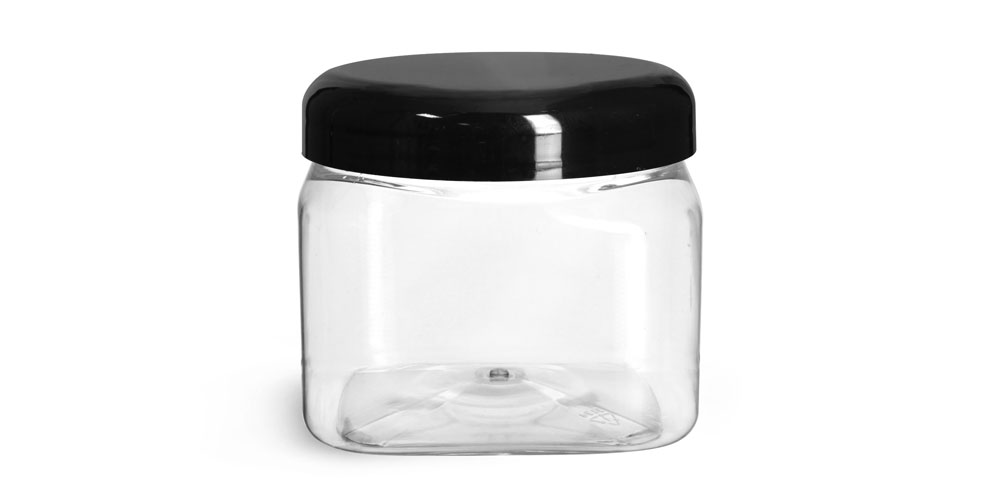 16 oz Clear PET Square Jars w/ Black Smooth Plastic Lined Dome Caps