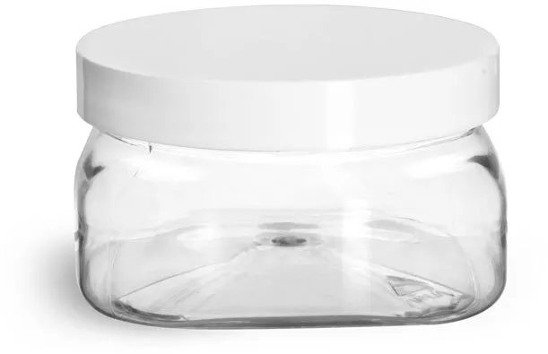 16 oz Clear PET Square Plastic Jar with Smooth White Lid