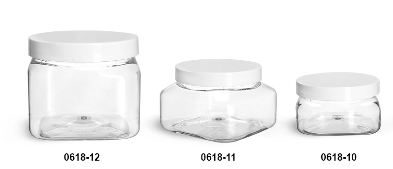 Plastic Jars, Clear PET Square Jars w/ White Smooth PE Lined Plastic Caps