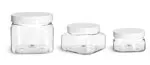 PET Plastic Jars, Clear Square Jars w/ White Smooth PE Lined Plastic Caps