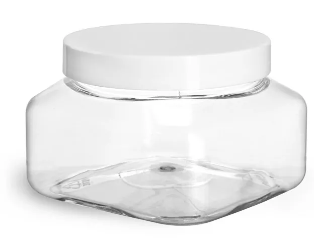8 oz Clear PET Square Jars w/ White Smooth PE Lined Caps