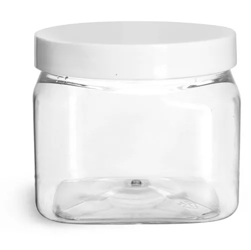 16 oz Clear PET Square Jars w/ White Smooth PE Lined Caps