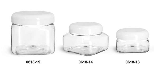 Plastic Jars, Clear PET Square Jars w/ White Smooth Plastic Lined Dome Caps