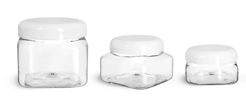 PET Plastic Jars, Clear Square Jars w/ White Smooth Plastic Lined Dome Caps
