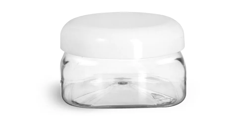 4 oz Clear PET Square Jars w/ White Smooth PE Lined Dome Caps