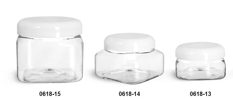 Plastic Jars, Clear PET Square Jars w/ White Smooth Plastic Lined Dome Caps