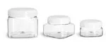PET Plastic Jars, Clear Square Jars w/ White Smooth Plastic Lined Dome Caps