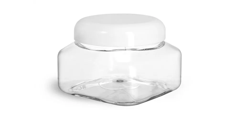 8 oz Clear PET Square Jars w/ White Smooth PE Lined Dome Caps