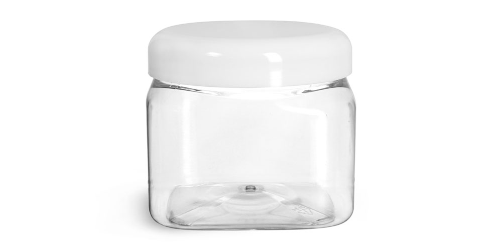 SKS Bottle & Packaging 16 oz Plastic Jars, Clear PET Square Jars w/ White Smooth Plastic Lined