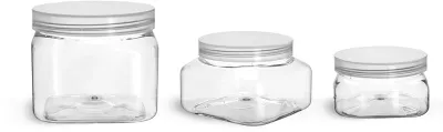 PET Plastic Jars, Clear Square Jars w/ Natural Unlined Caps