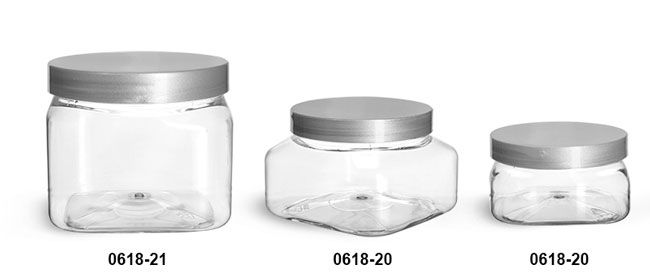 Plastic Jars, Clear PET Square Jars w/ Silver Smooth Plastic Lined Caps