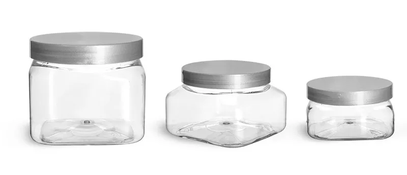 PET Plastic Jars, Clear Square Jars w/ Silver Smooth Lined Caps