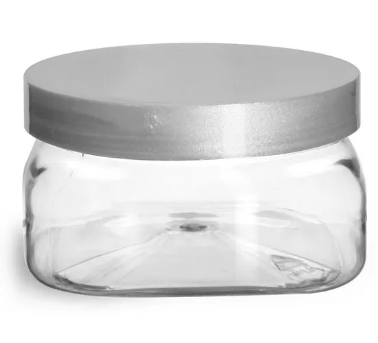4 oz Clear PET Square Jars w/ Silver Smooth Lined Caps