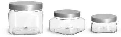 PET Plastic Jars, Clear Square Jars w/ Silver Smooth Lined Caps