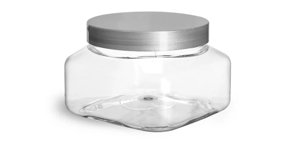 8 oz Clear PET Square Jars w/ Silver Smooth Lined Caps