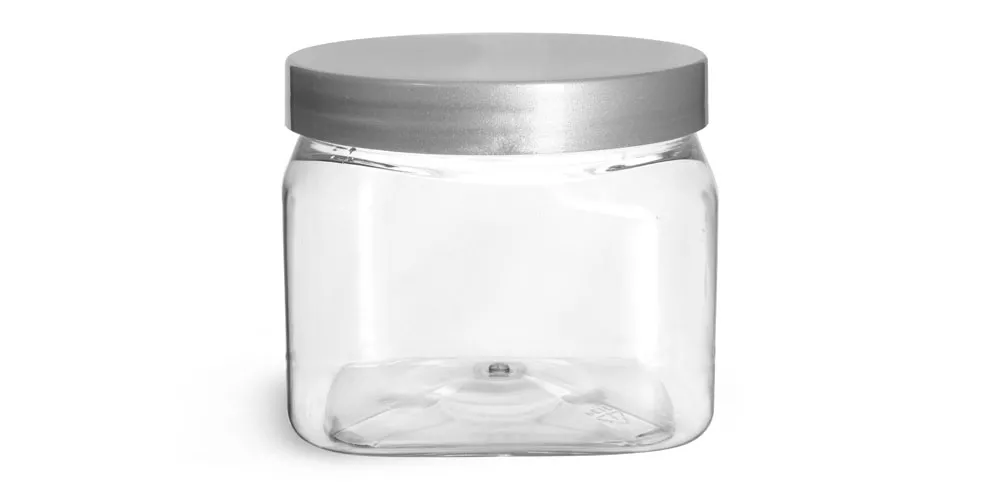 16 oz Clear PET Square Jars w/ Silver Smooth Lined Caps