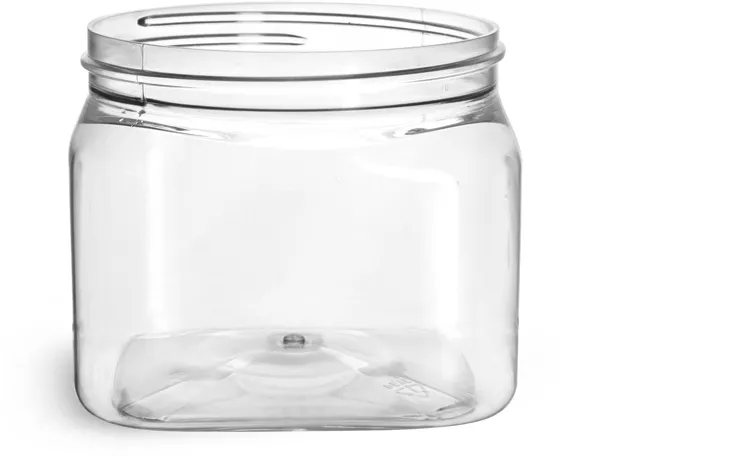 16 oz Plastic Jars, Clear PET Jars w/ Frosted Black Lined Caps