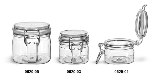 Sks Bottle Packaging Plastic Jars Clear Pet Square Wire Bale Jars W Hinged Lids