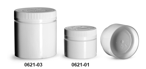 Plastic Jars, White Polypropylene Open Bottom Jars w/ White Child Resistant Caps